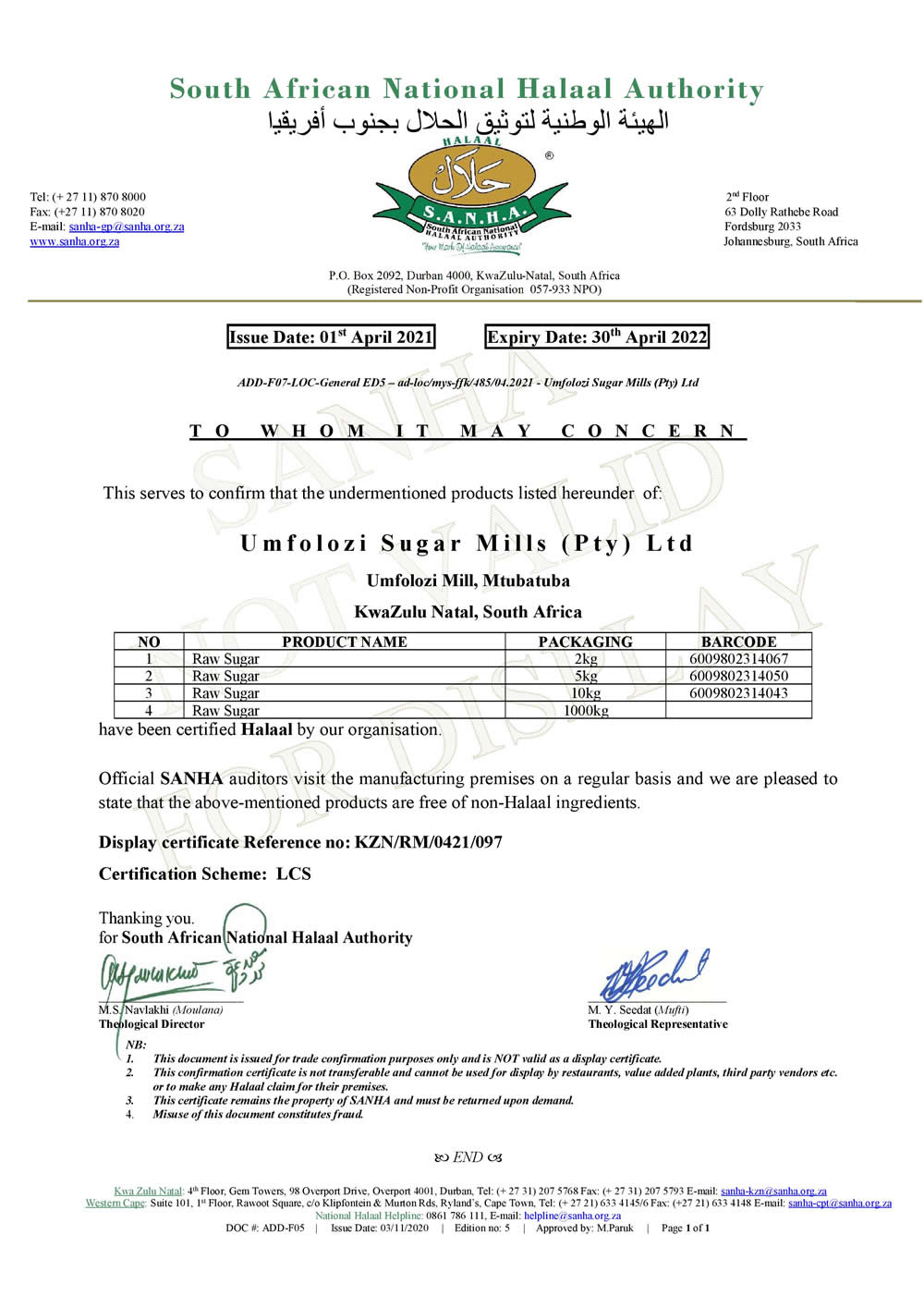 umfolozi sugar mill usm halaal certicate